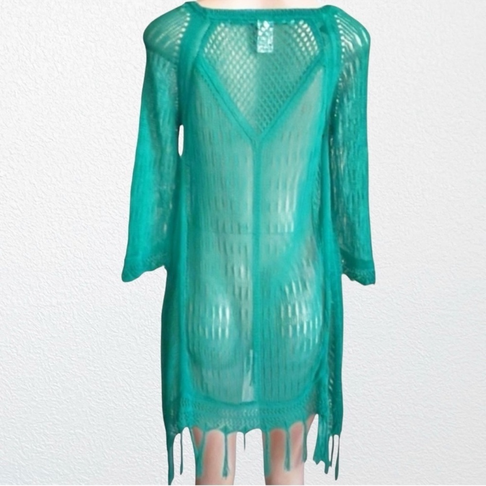 L*SPACE Vista Beach Crochet Sweater Fringe Coverup Teal SZ XS - Picture 6 of 9